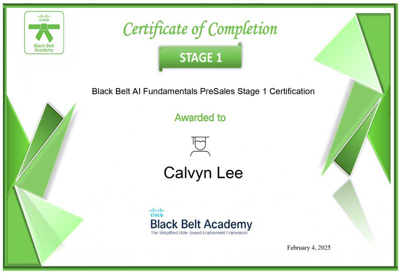 Cisco Black Belt AI Fundamentals PreSales Stage 1 Certificate